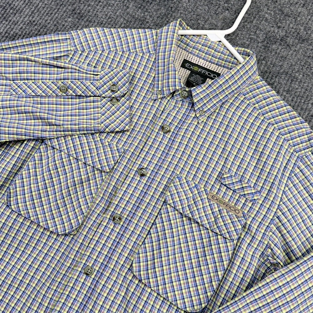 ExOfficio Shirt Mens Medium Blue Plaid Vented Back Fishing Button Up Travel